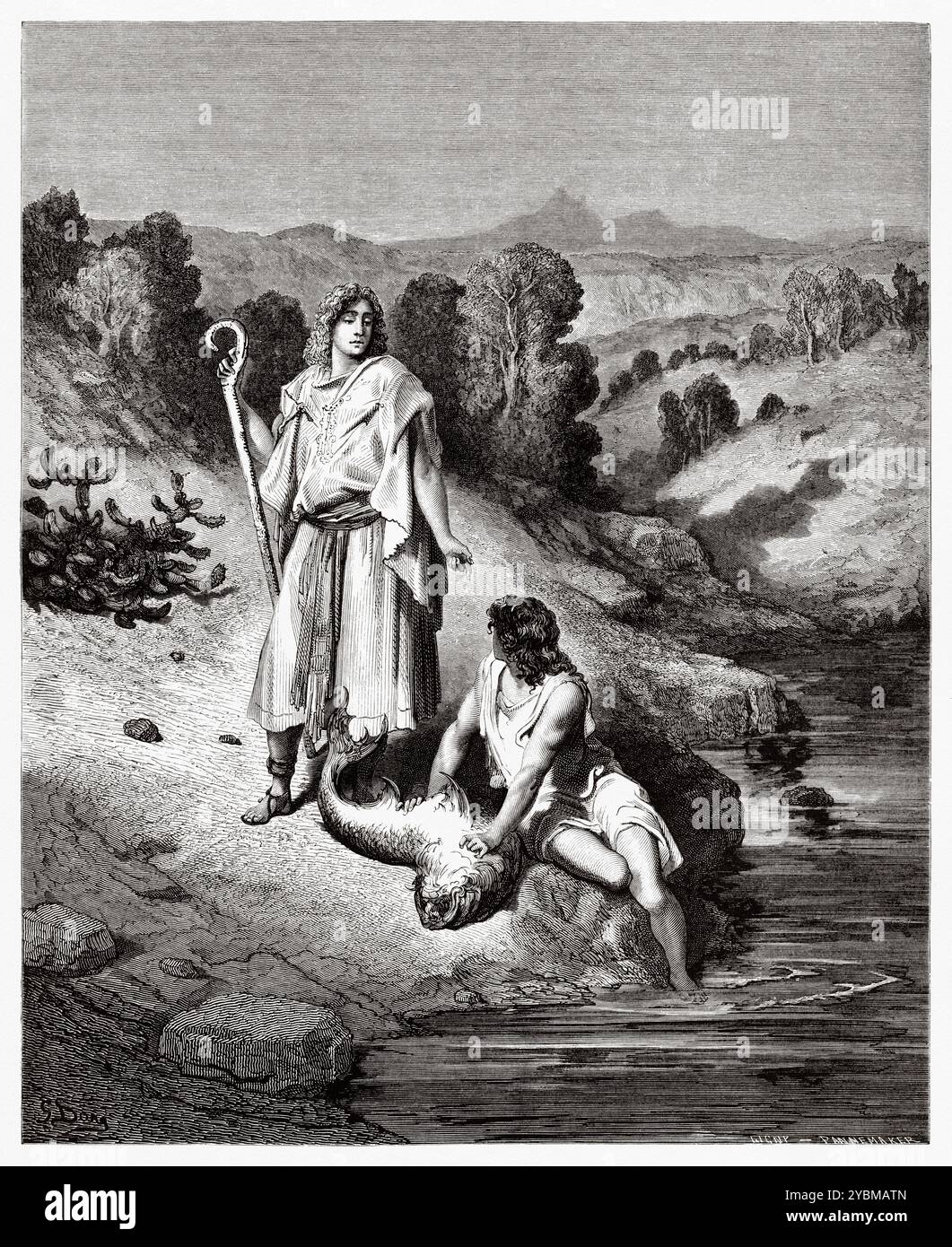 Tobias and the Archangel Raphael. Tobias removing the entrails of a fish as commanded by the Angel. Old Testament. Antique bible illustration by Gustave Dore (1832–1883) Stock Photo