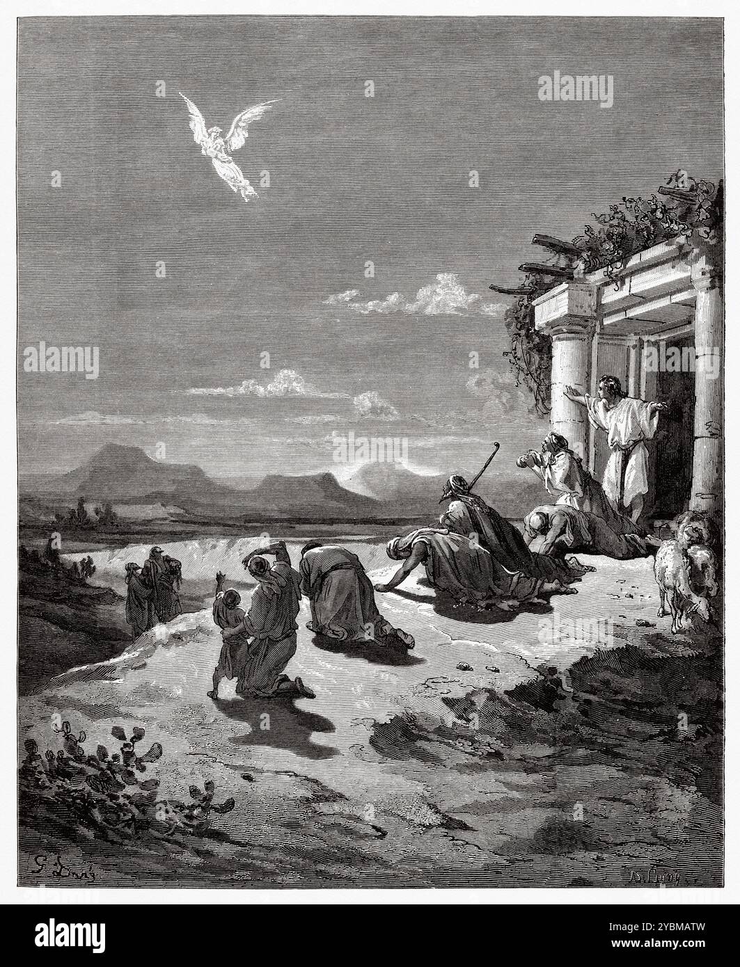 Tobie's family sees Angel Raphael disappear. Old Testament. Antique bible illustration by Gustave Dore (1832–1883) Stock Photo