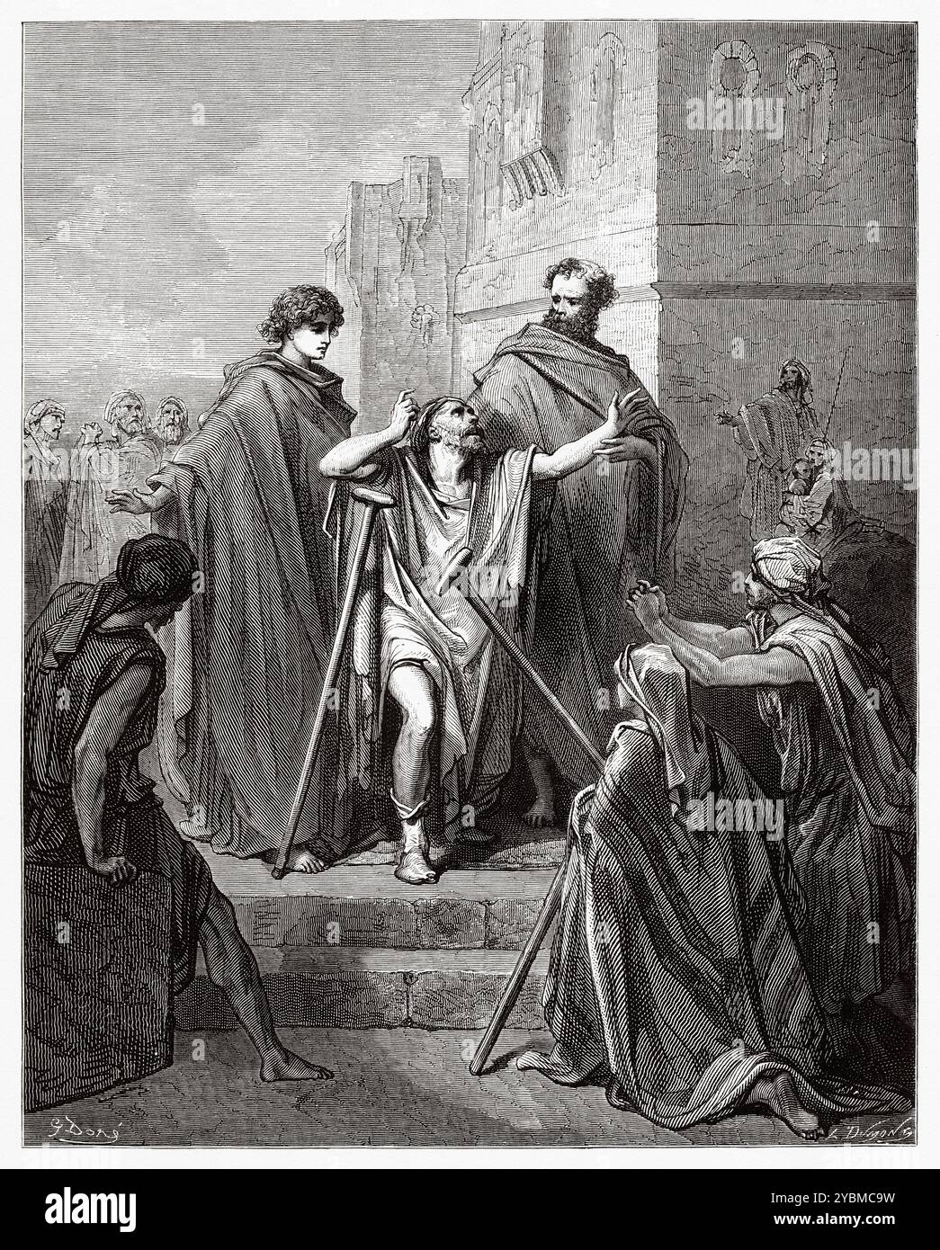 Saint Peter and Saint John healing a lame man. New Testament. Antique bible illustration by Gustave Dore (1832–1883) Stock Photo