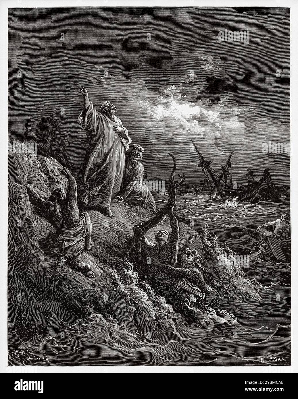 Saint Paul Shipwrecked. New Testament. Antique bible illustration by Gustave Dore (1832–1883) Stock Photo