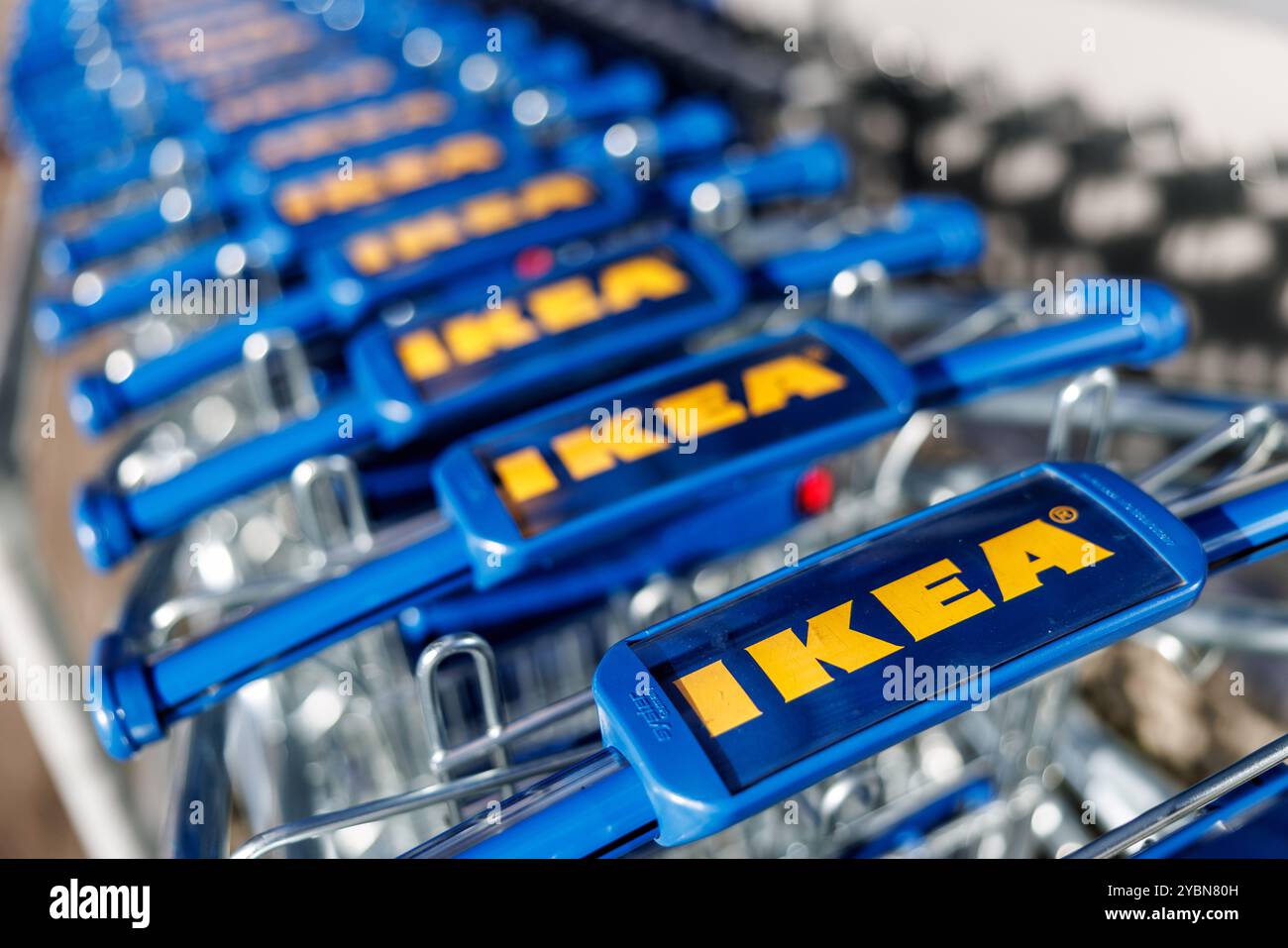 Munich, Germany. 17th Oct, 2024. The IKEA logo can be seen on shopping carts at the Eching store (Bavaria) on 17.10.2024. On October 17, 1974, the first IKEA furniture store in Germany was opened in Eching near Munich. The IKEA company is a multinational furniture group. Credit: Matthias Balk/dpa/Alamy Live News Stock Photo