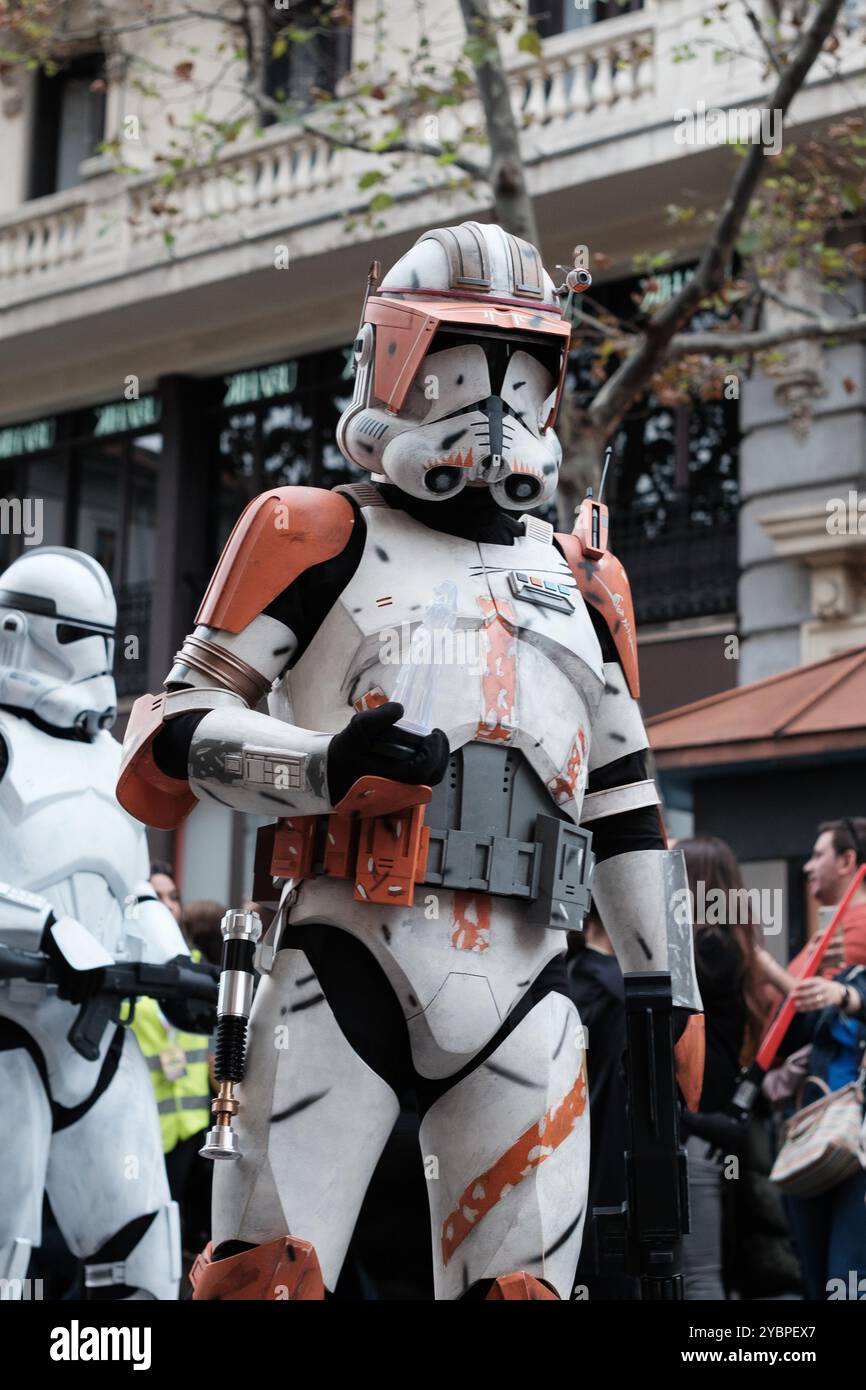 People dressed up during a Star Wars parade in the center of Madrid, more than 900 people have paraded through the streets dressed as characters from Stock Photo