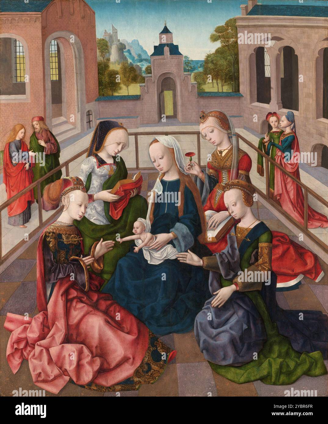 Painting of the Virgin and Child with four holy virgins by Northern Netherlandish painter master of the virgo inter virgines retouched medieval art artwork masterpiece religious painting. A serene scene depicts a group of elegantly dressed women gathered around a central figure holding a small child. The setting is an architectural backdrop with arches and distant trees visible, suggesting a tranquil outdoor environment. The women's attire is rich with vibrant colors and intricate details, contributing to the harmonious composition. Stock Photo