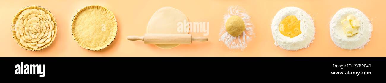 Apple pie, step by step. Collage on peach color background, top view Stock Photo