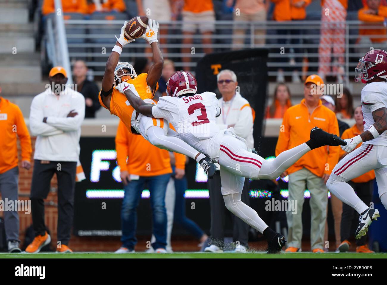 October 19, 2024: Squirrel White #3 of the Tennessee Volunteers can't make the catch while defended by Keon Sabb #3 of the Alabama Crimson Tide during the NCAA football game between the University of Tennessee Volunteers and the University of Alabama Crimson Tide at Neyland Stadium in Knoxville TN Tim Gangloff/CSM (Credit Image: © Tim Gangloff/Cal Sport Media) Stock Photo