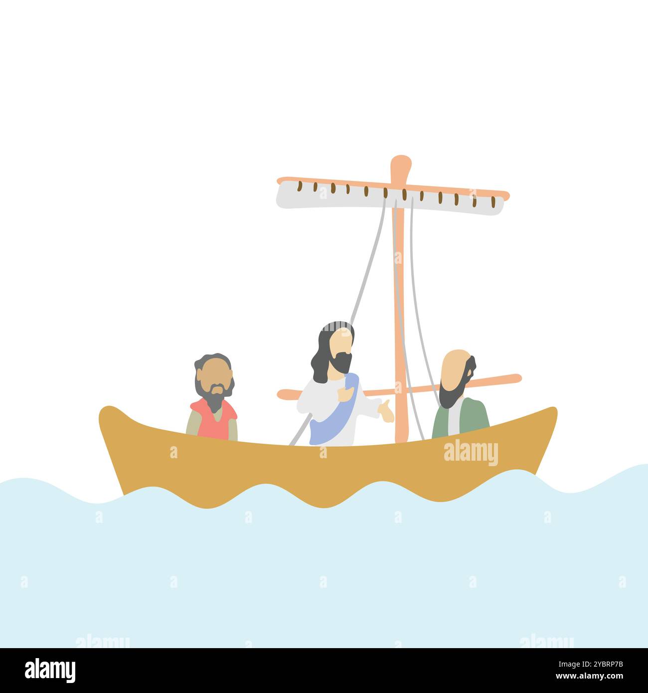 Jesus and his first disciples Simon Peter and Andrew who were fishermen on boat illustration vector isolated on white background Stock Vector