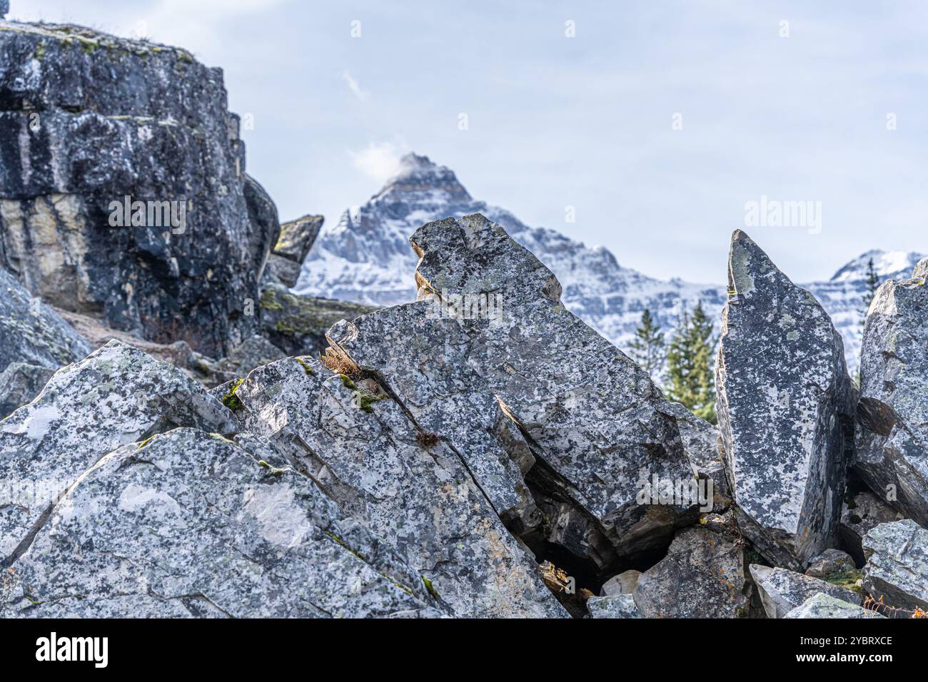 Rocks on mountain Trail with mountains in the background Stock Photo