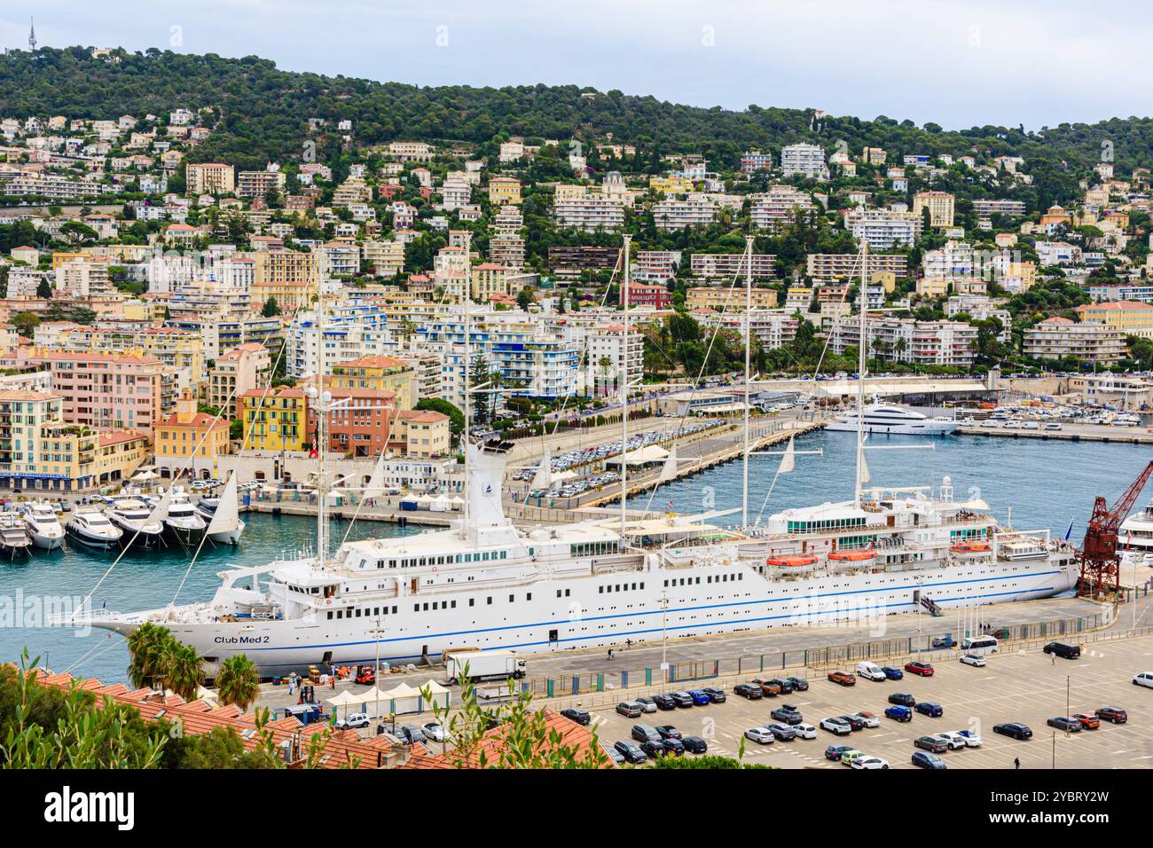 The staysail schooner cruise ship, Club Med 2 anchored in Port Lympia, Nice, Provence-Alpes-Côte d'Azur, Alpes-Maritimes, France Stock Photo