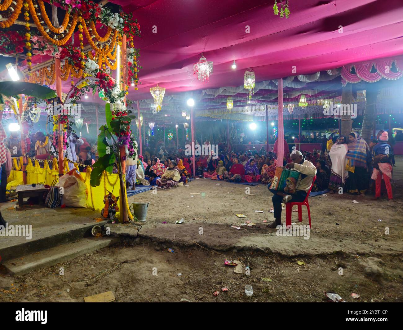 Bhadrak, Odisha, India, 17 Jan 2024: Vishwa Shanti Maha Yagya near local village temple. Yajna in Hinduism is a ritual done in front of a sacred fire. Stock Photo