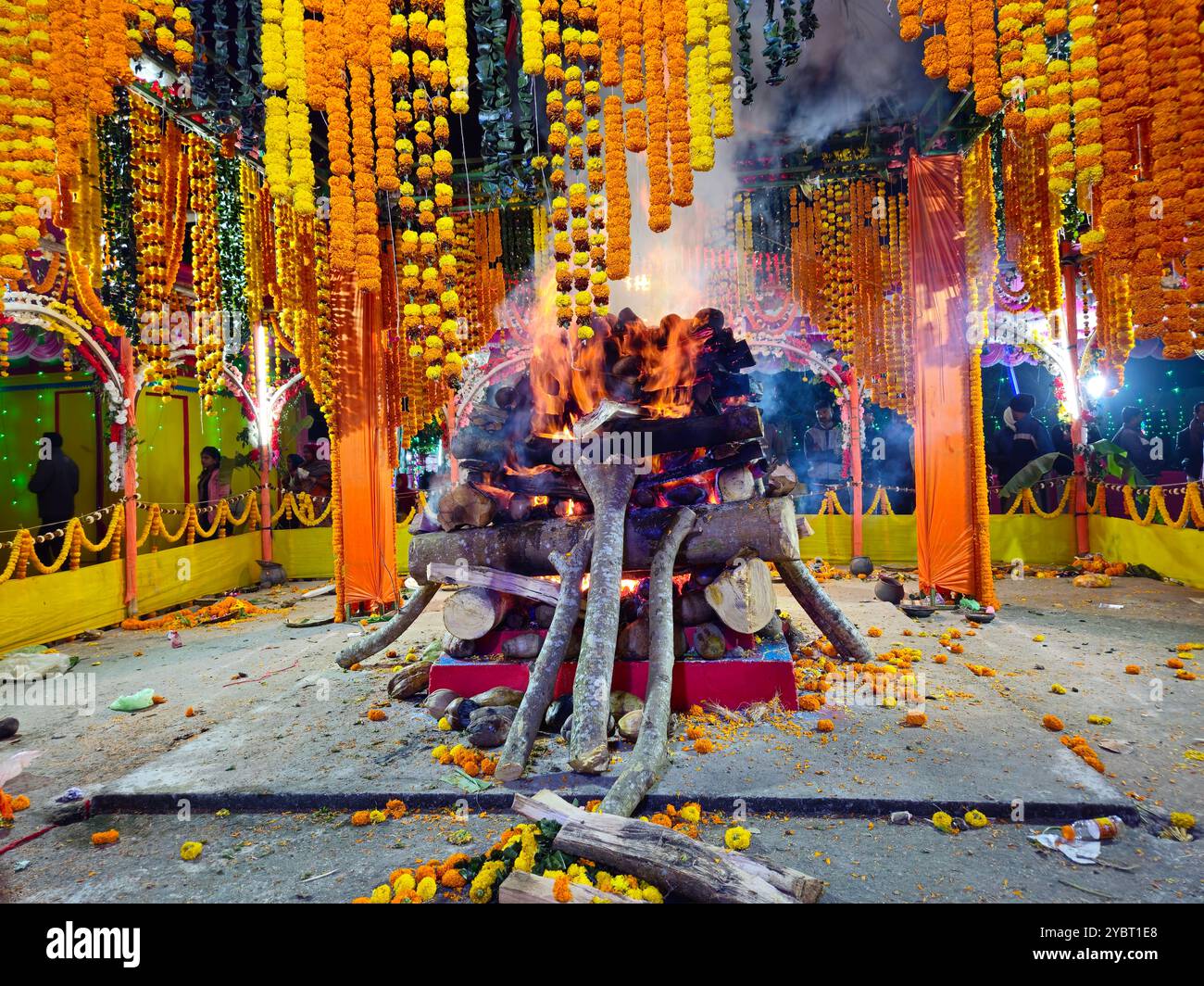 Bhadrak, Odisha, India, 17 Jan 2024: Vishwa Shanti Maha Yagya near local village temple. Yajna in Hinduism is a ritual done in front of a sacred fire. Stock Photo