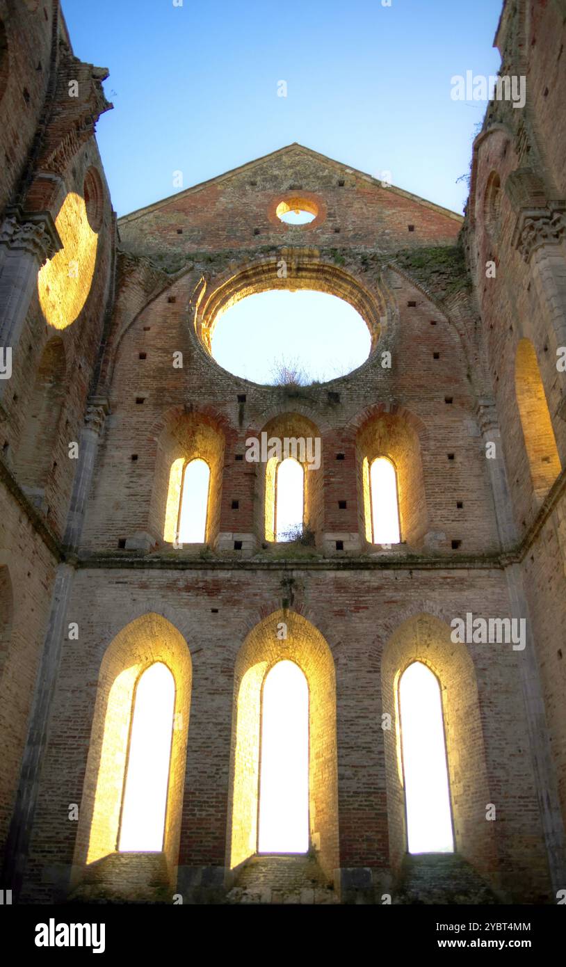 Photo shoot of the famous roofless church of San Galgano in the lands near Siena Italy Stock Photo