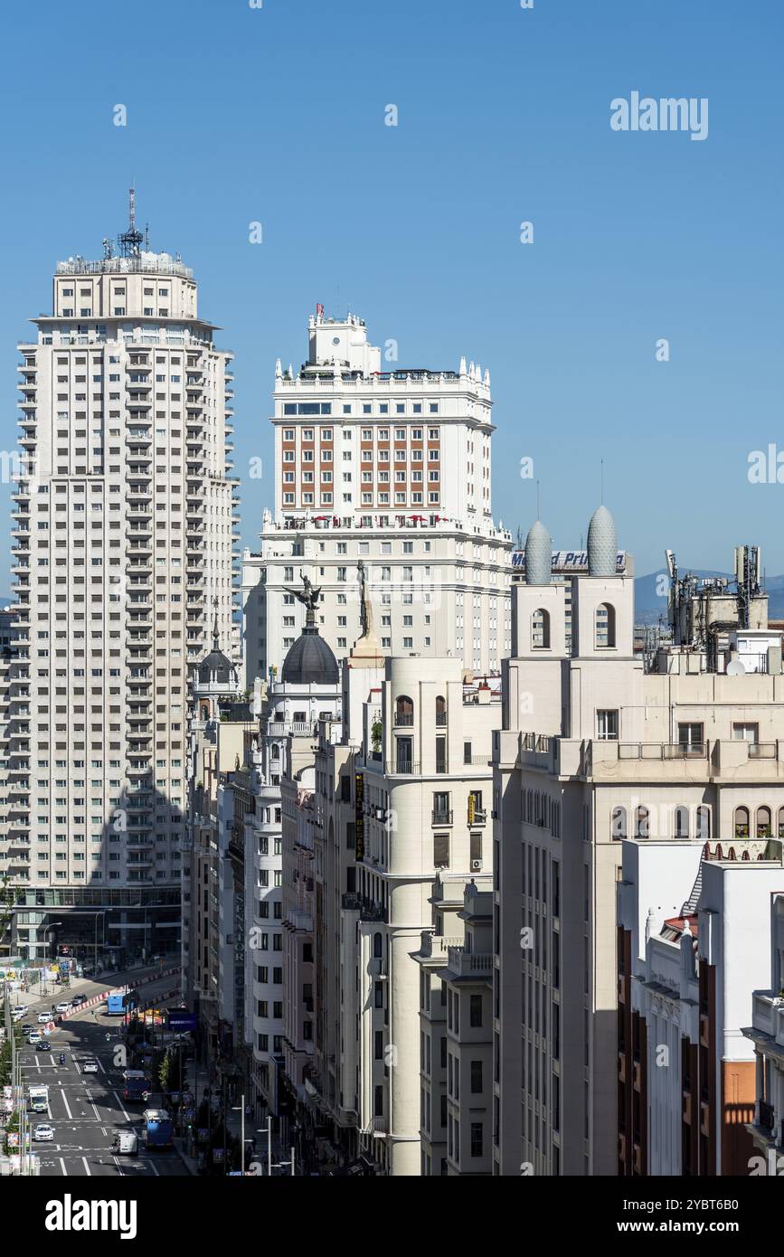 Madrid, Spain, August 15, 2020: Cityscape of Gran Via. Aerial view, Europe Stock Photo