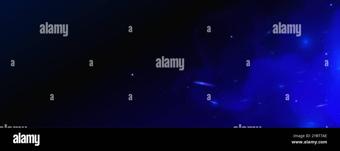 Blue smoke with sparks on black background. Realistic 3d vector illustration of abstract bg with steam cloud and bright sparkles or stars with light o Stock Vector