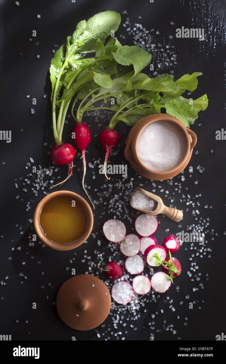 Product orchard in spring, red radish on black pumice stone Stock Photo