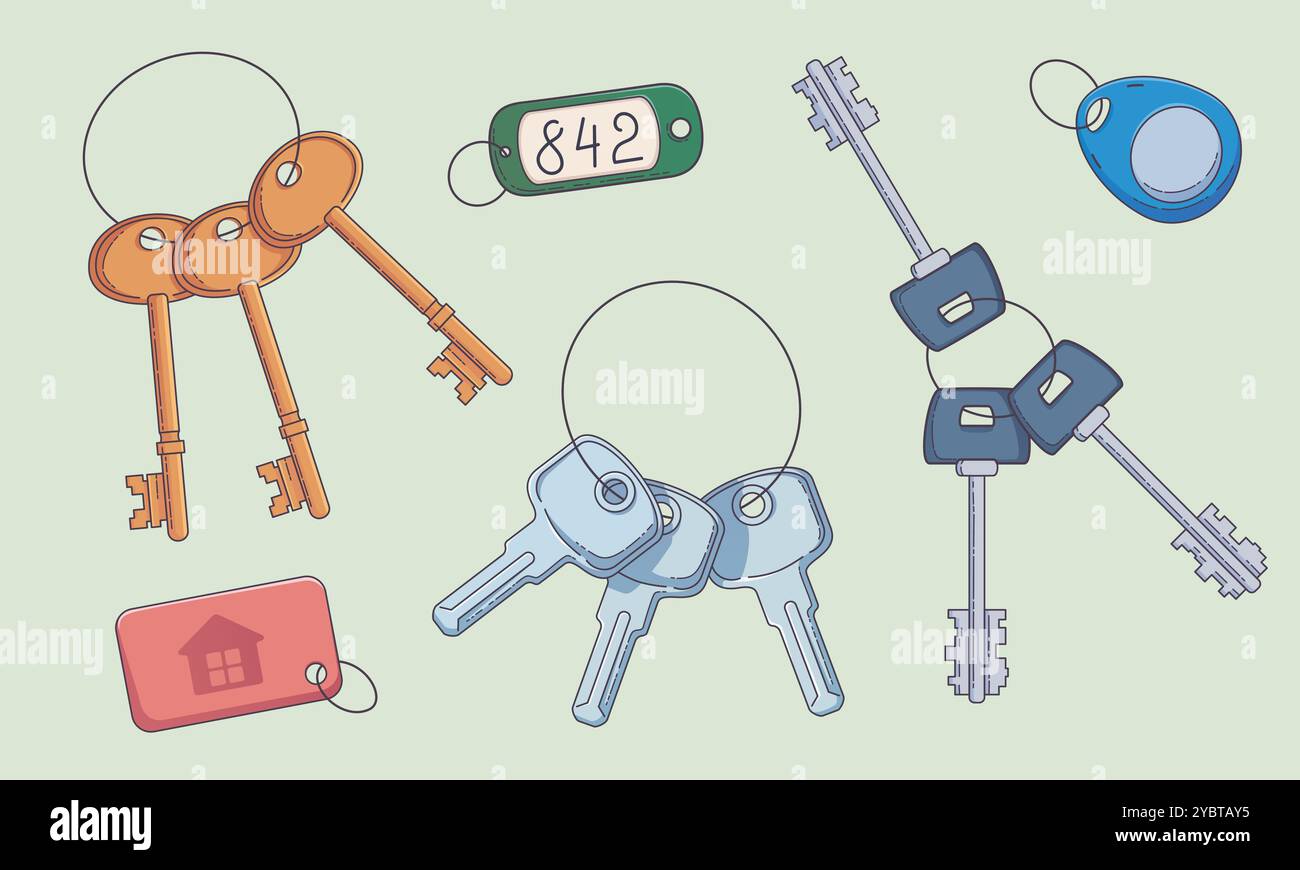 House key ring vector illustration icon set. Bunch of golden and silver ...
