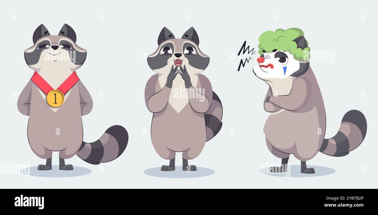 Grey and black racoon cartoon character set. Vector funny amusing wild ...