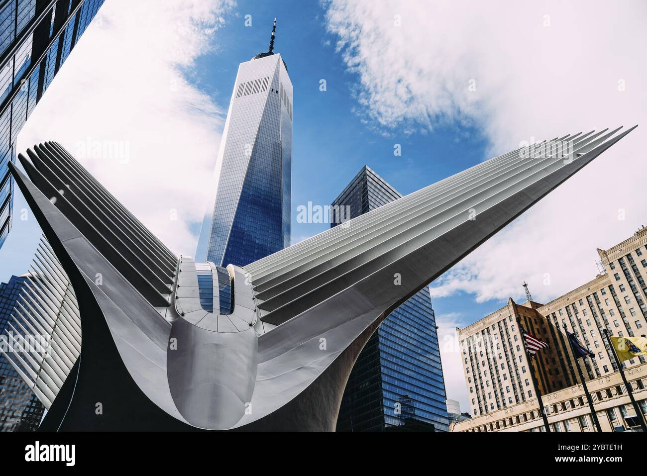 New York City, USA, June 20, 2018: Outdoor view of World Trade Center Transportation Hub or Oculus designed by Santiago Calatrava architect in Financi Stock Photo