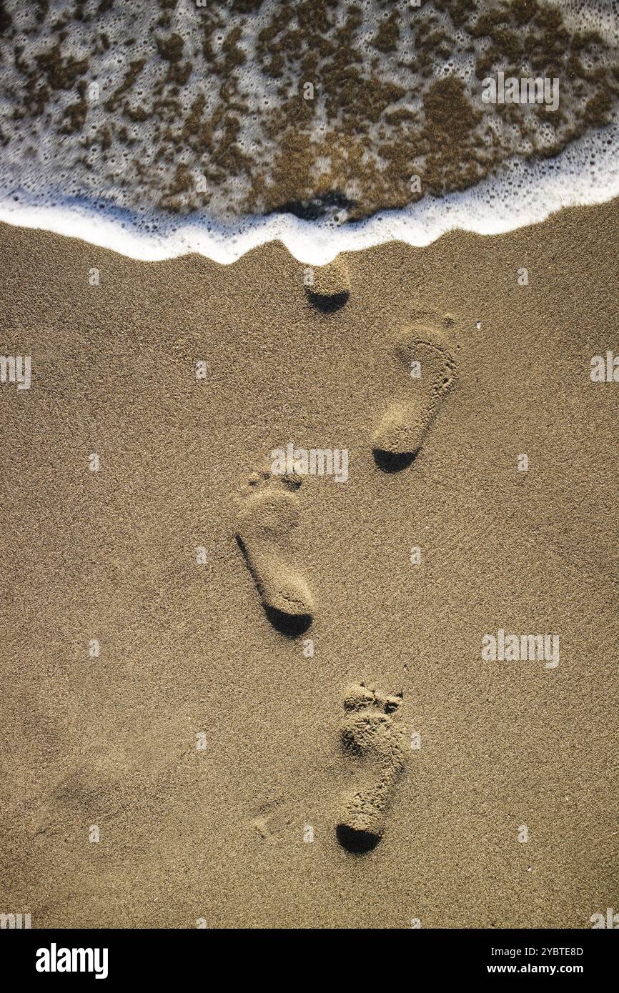 Photographic documentation footprints of people on gray sand Stock Photo