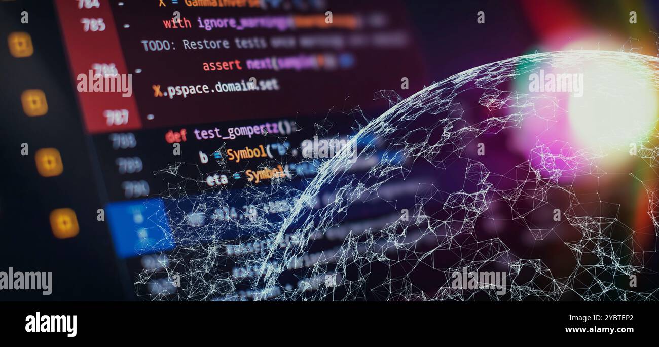 Working atmosphere of a programmer at home, background. Programming code abstract Stock Photo