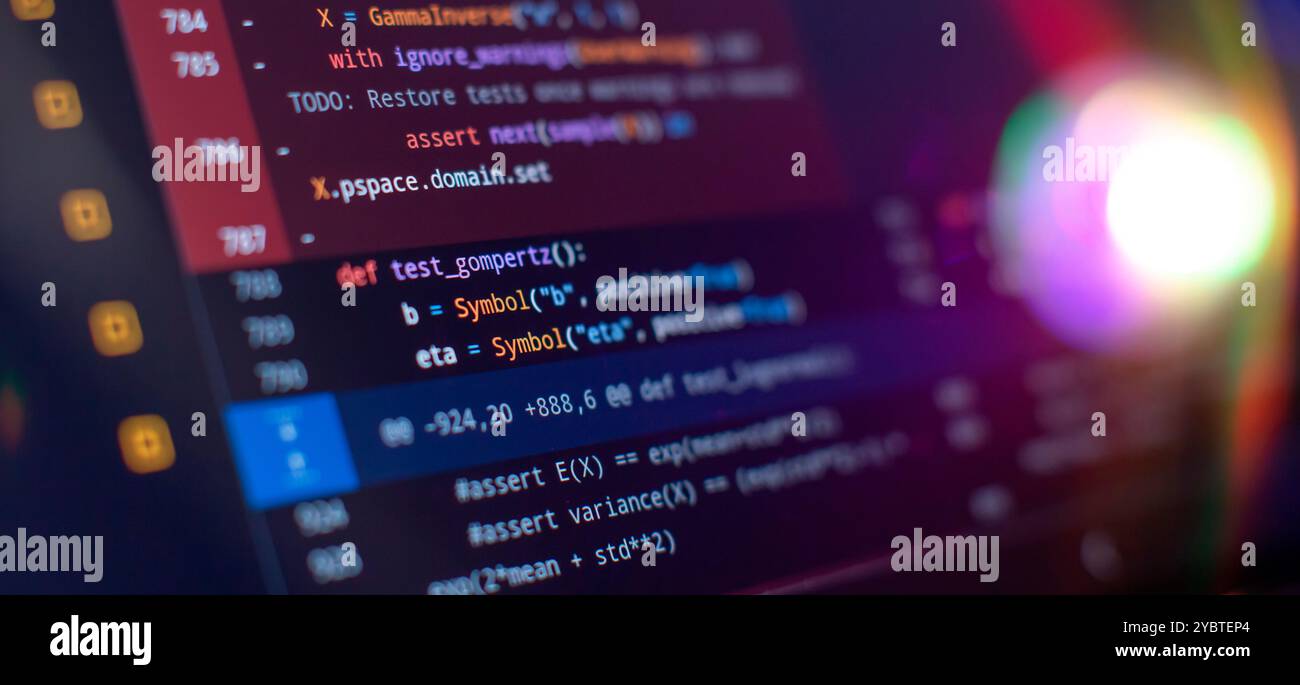 Working atmosphere of a programmer at home, background. Programming code abstract Stock Photo