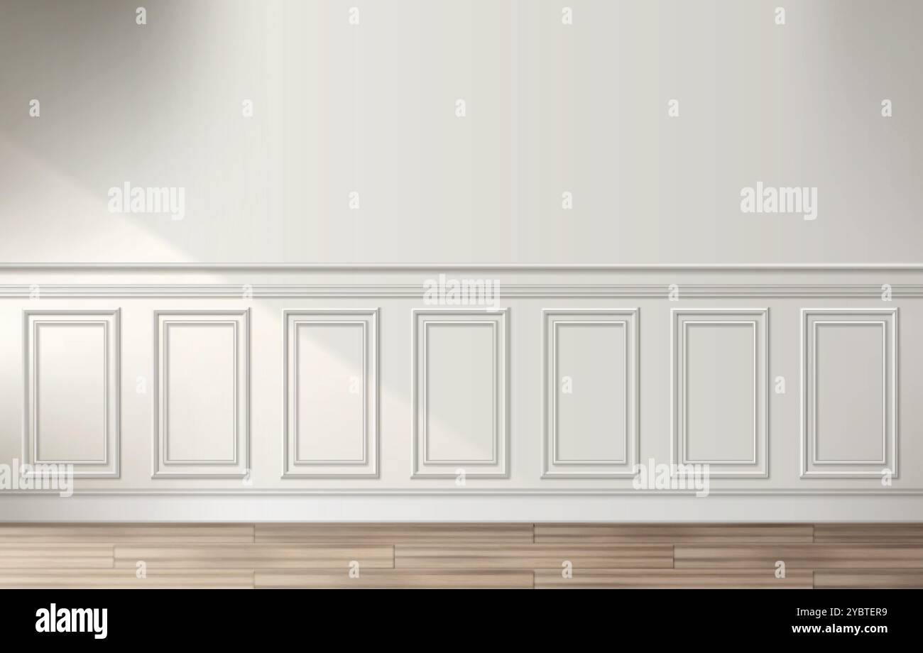 Room interior with white classic wall panel and wooden floor. Light ...