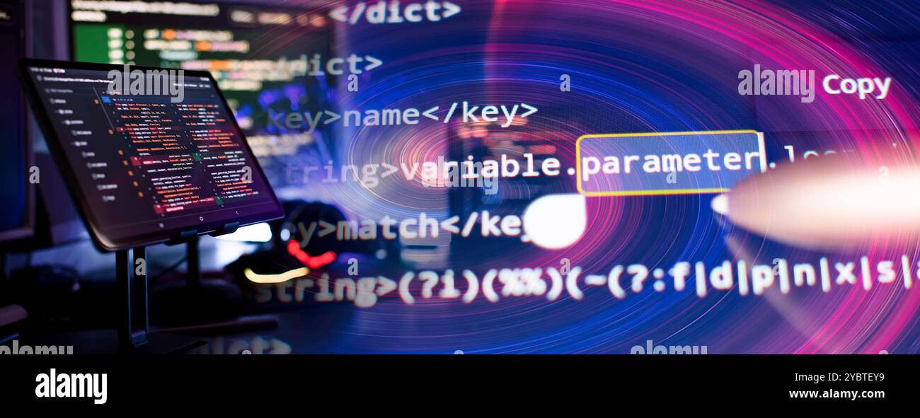 Abstract computer script code. Programming code screen of software developer. Software Programming Stock Photo