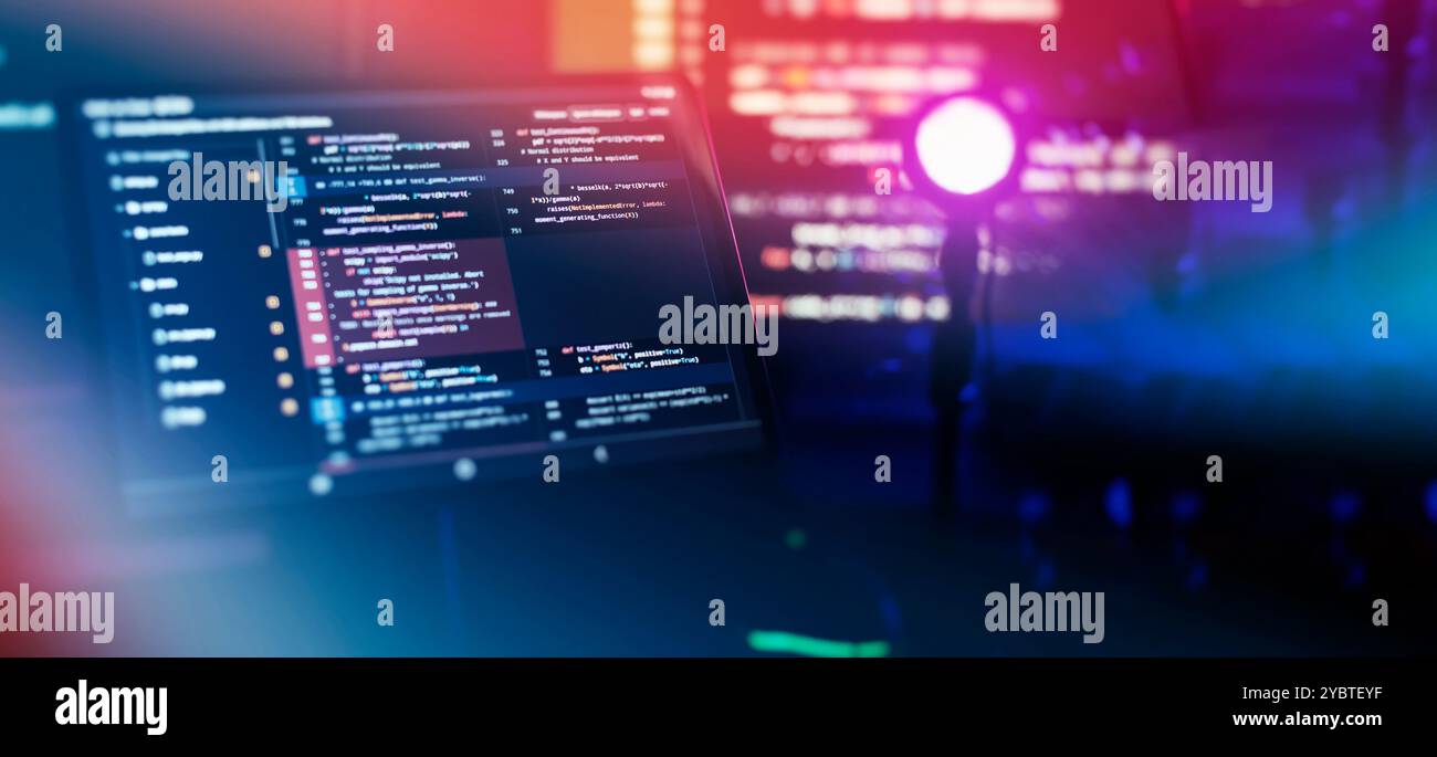 Working atmosphere of a programmer at home, background. Programming code abstract Stock Photo