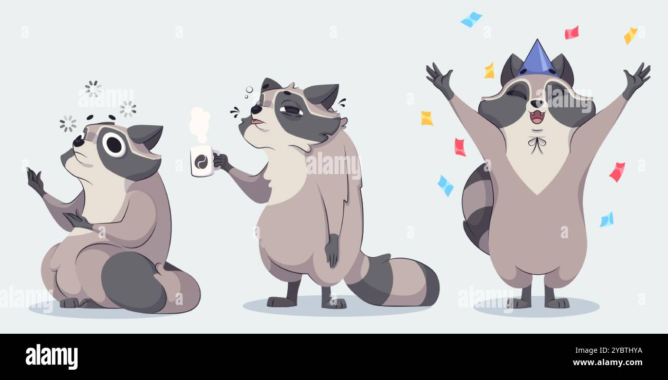 Exhausted Racoon Cute racoon cartoon character. Funny vector raccoon illustration. Wild ...