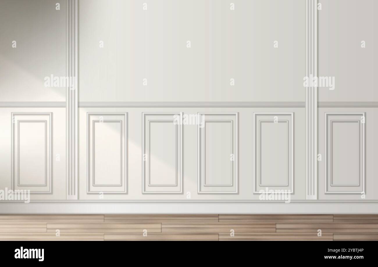 Room interior with white classic wall panel and wooden floor. Light ...