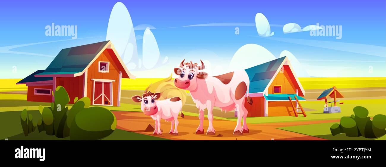 Cow and calf in farm field. Vector cartoon illustration of mother and ...
