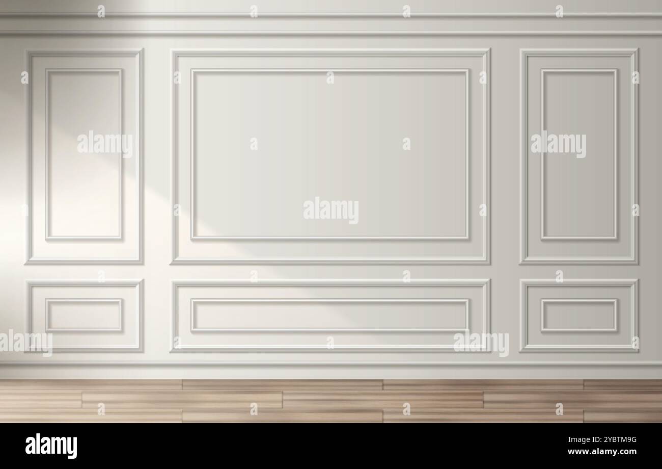Room interior with white classic wall panel and wooden floor. Light ...
