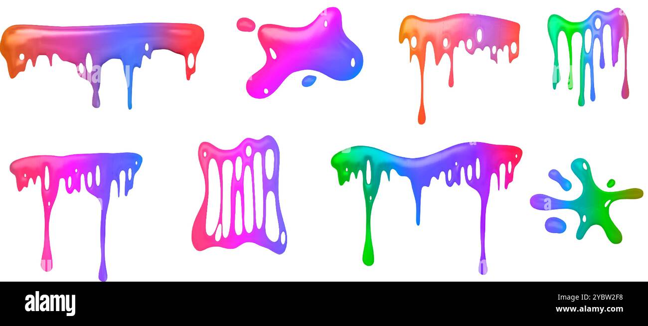 Rainbow colored slime mucus drip. Realistic 3d vector illustration set of sticky liquid toxic spooky drop and splash for Halloween design. Dripping mu Stock Vector