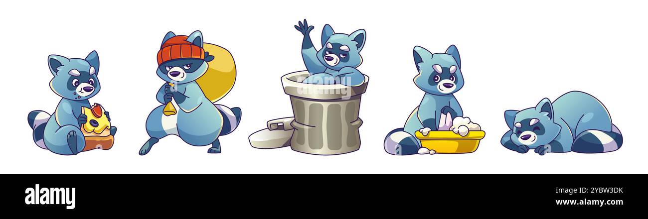 Funny racoon characters set isolated on white background. Vector ...