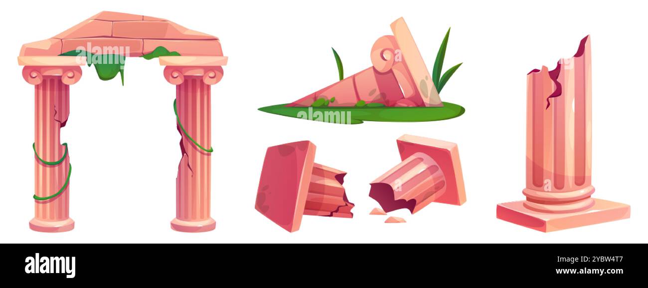 Ancient greek ruin set. Broken roman column and arch vector. Damage ...