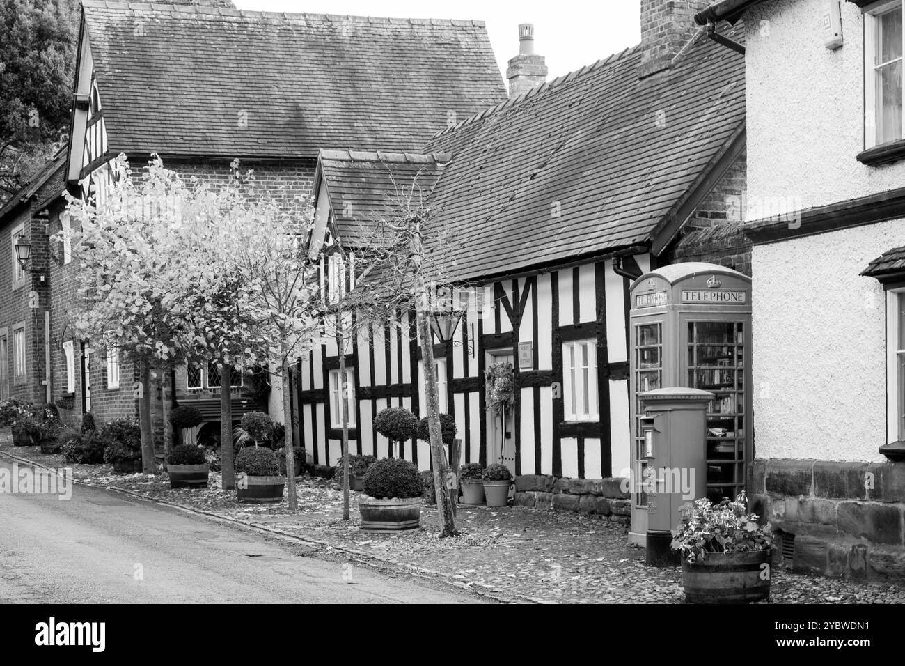 Black and white image of Half timbered black and white country cottages in then picturesque  idyllic Cheshire village of Great Budworth Stock Photo