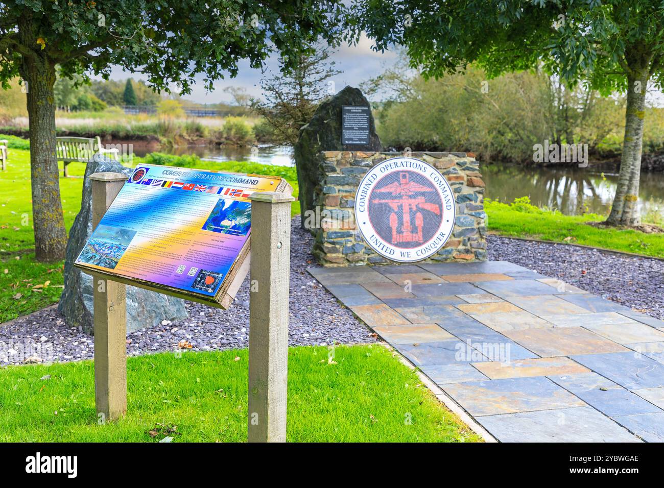 A memorial for the Combined Operations Command (combined opps) at the National Memorial Arboretum, near Lichfield, Staffordshire, England, UK Stock Photo