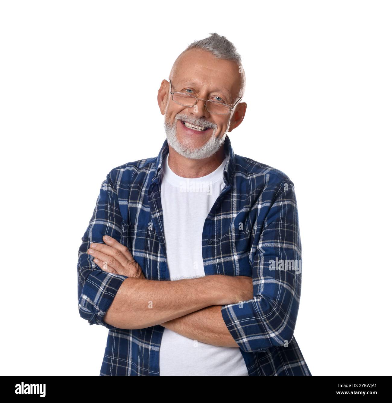 Portrait of smiling senior man with crossed arms on white background ...