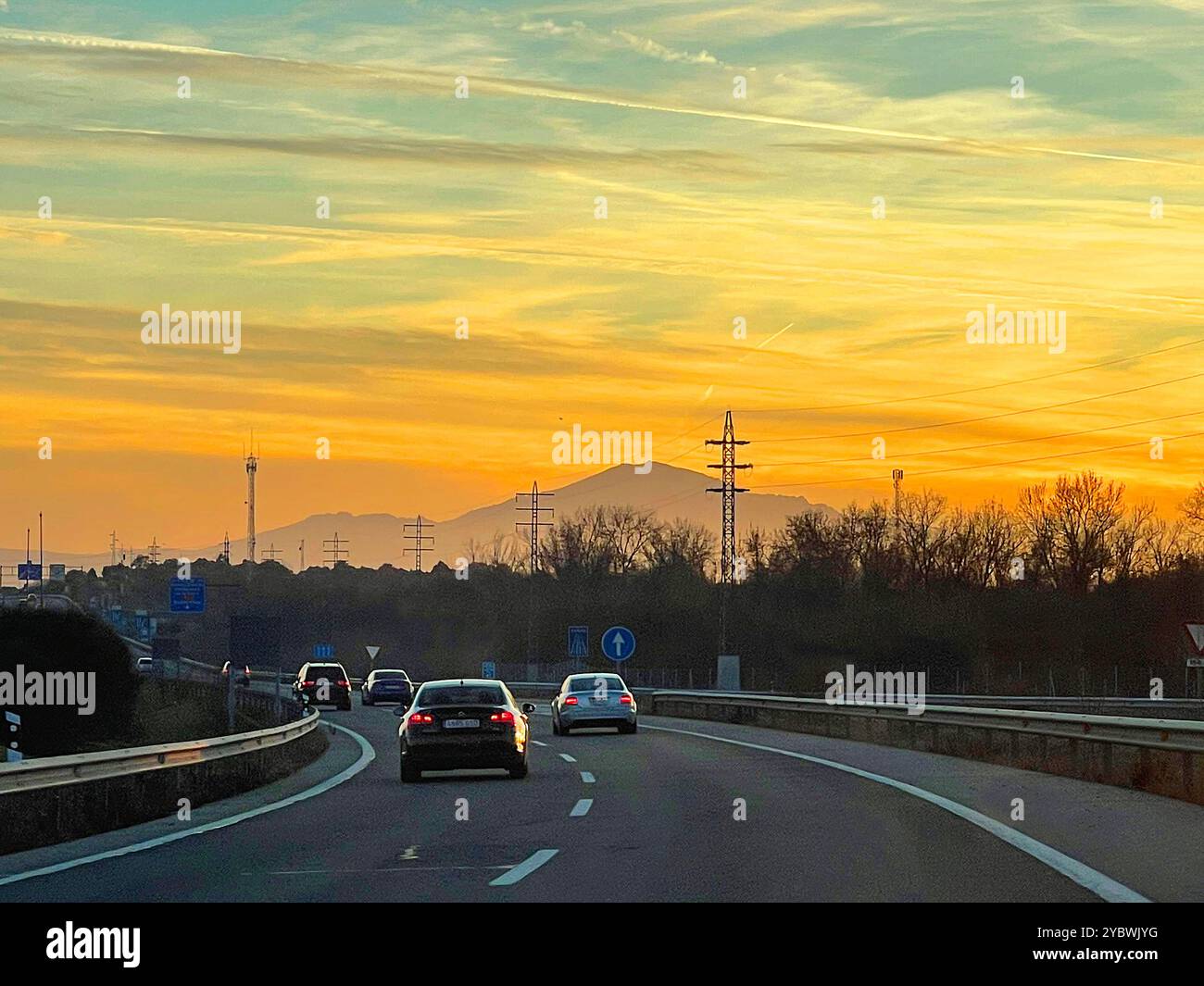 A-1 motorway at dusk. San Agustion de Guadalix, Madrid province, Spain. - Smartphone Captured Stock Image
