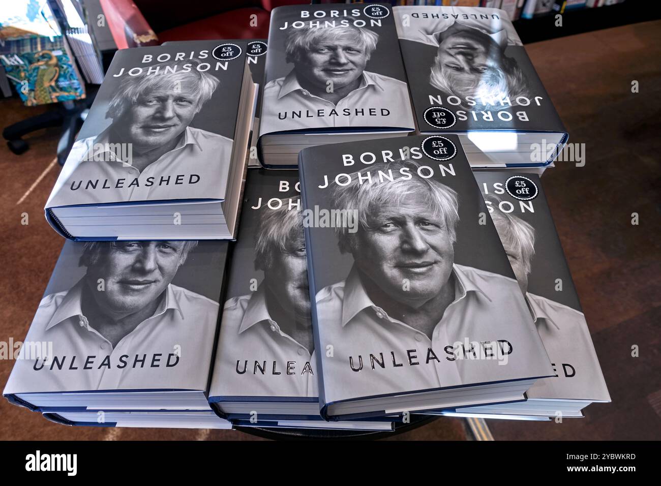 Former British Prime Minister Boris Johnson Unleashed memoir book Waterstones, Stratford upon Avon, Warwickshire, England, UK Stock Photo
