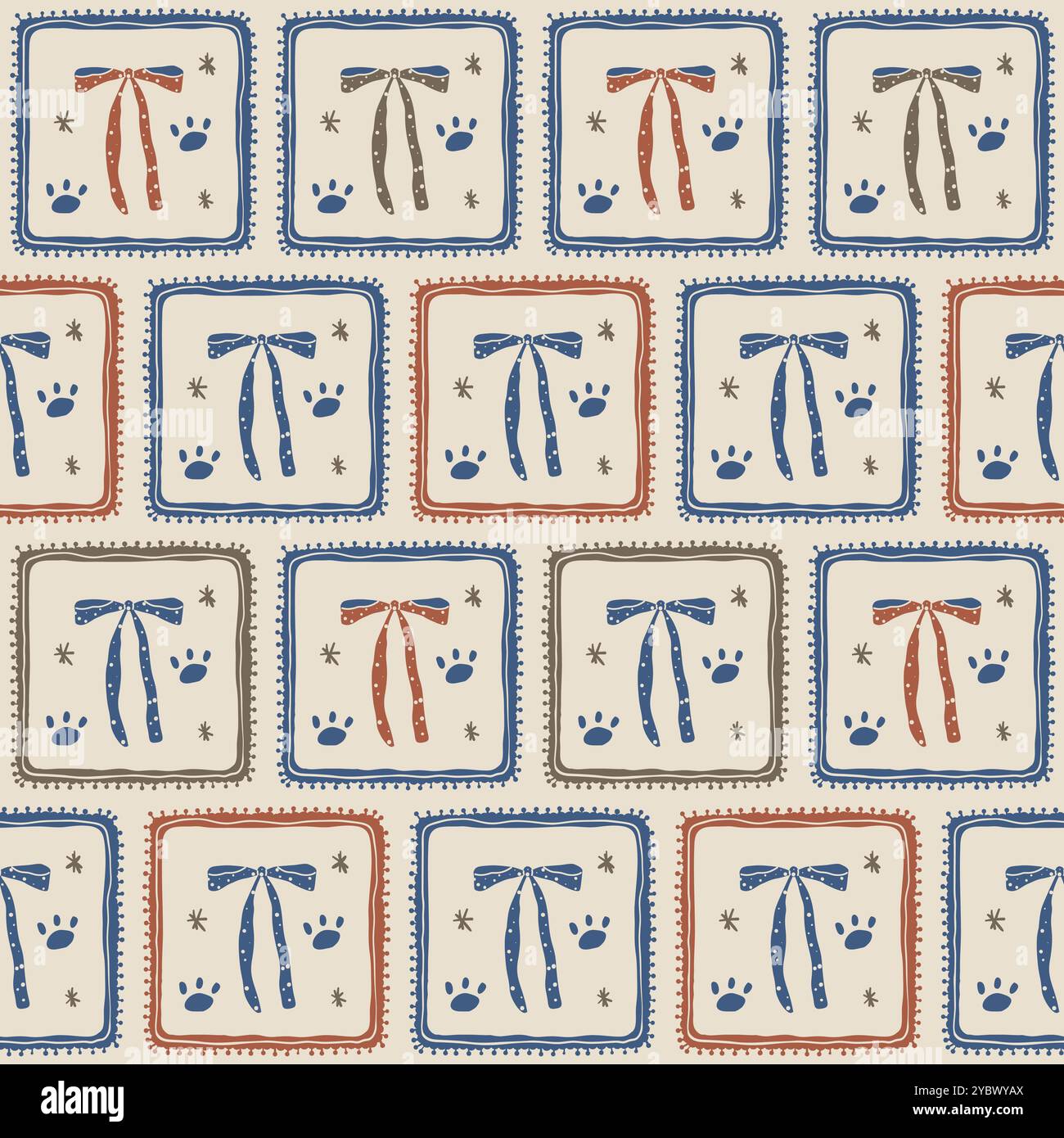 Bow in frame seamless pattern. Retro endless background. Vector hand drawn flat illustration. Stock Vector