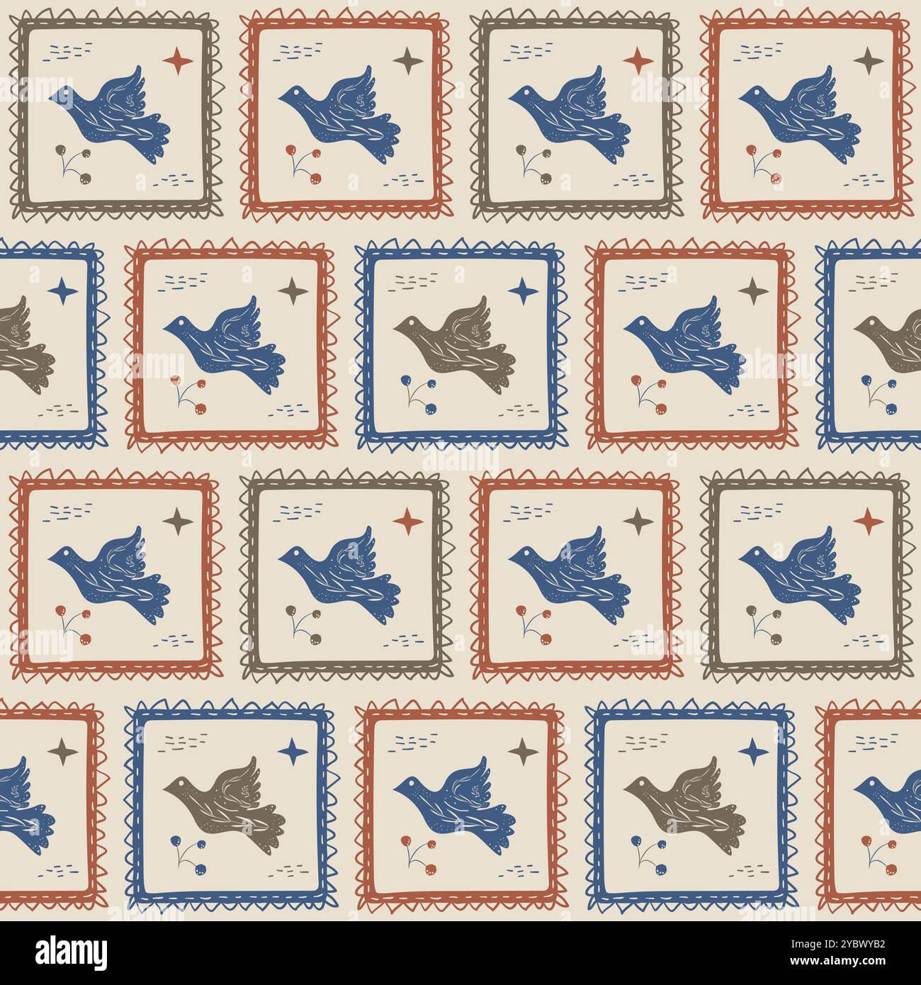 Birds frames seamless pattern. Flying pigeon repeat background. Surface pattern design folk motif. Vector flat hand drawn illustration Stock Vector