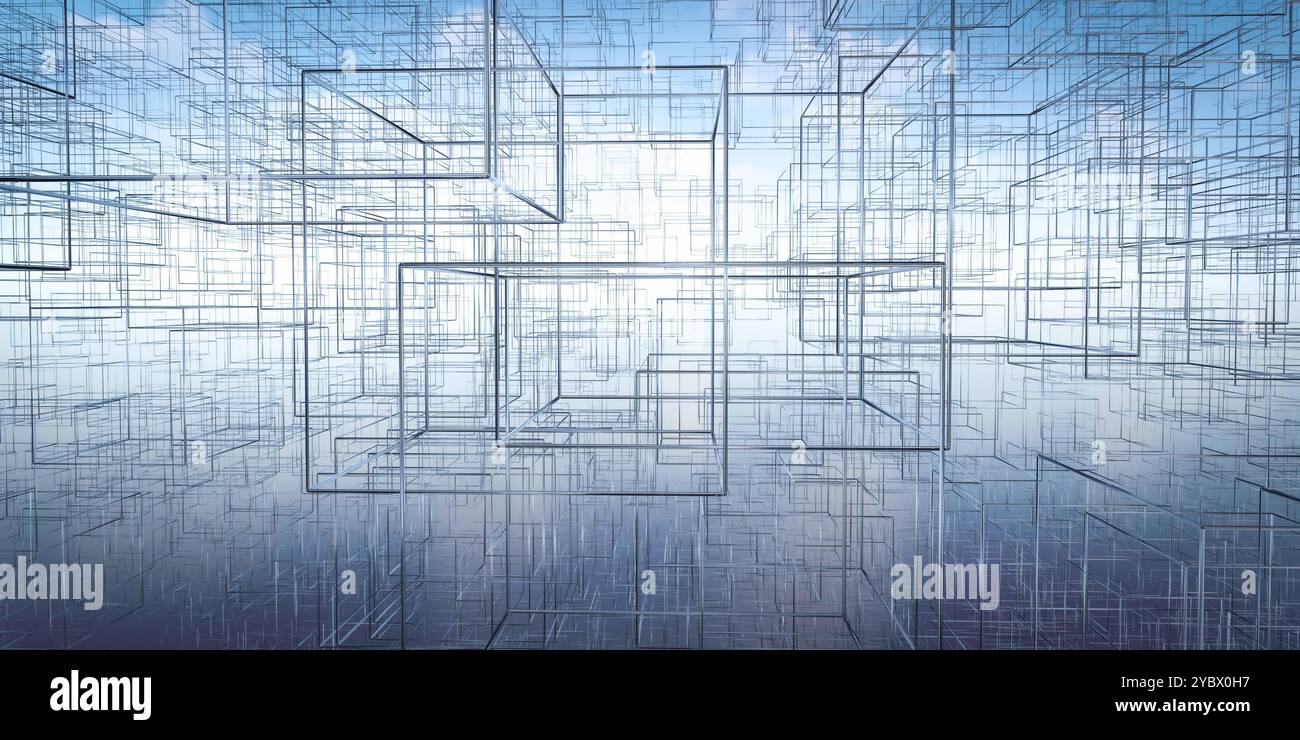 Abstract 3D rendering of interconnected wireframe cubes against a blue sky. Stock Photo