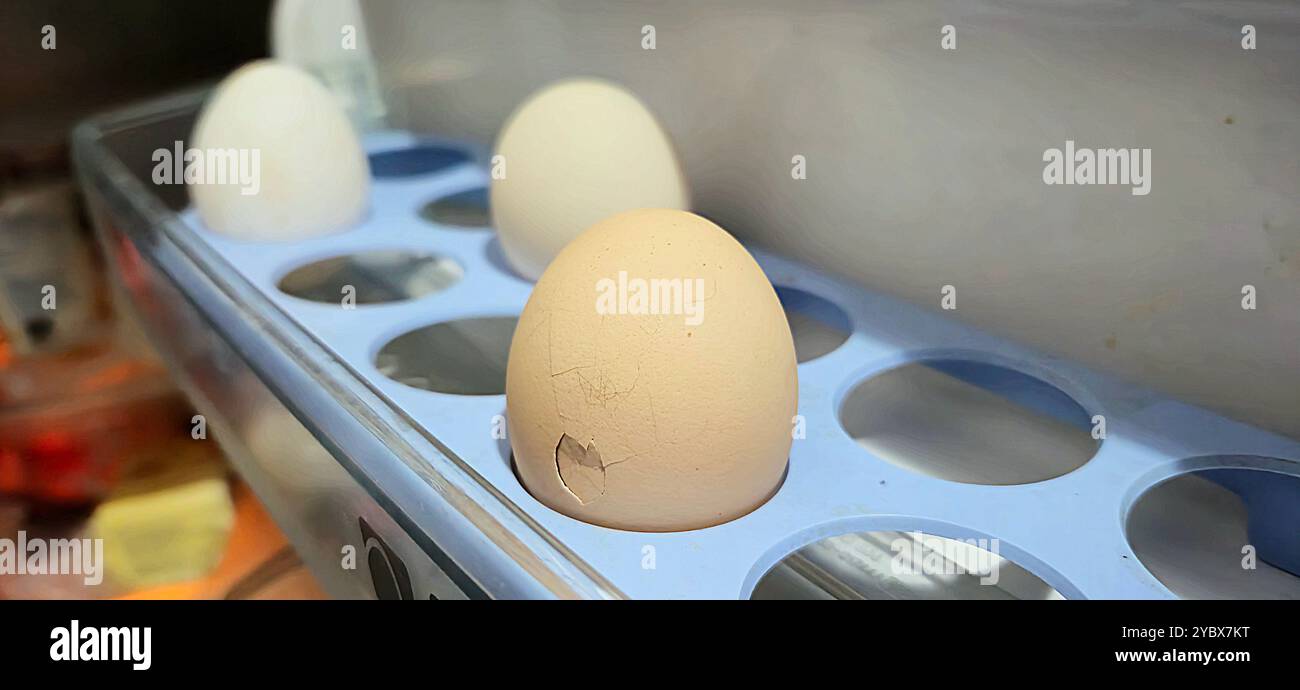 Cracked egg in blue refrigerator tray - Smartphone Captured Stock Image
