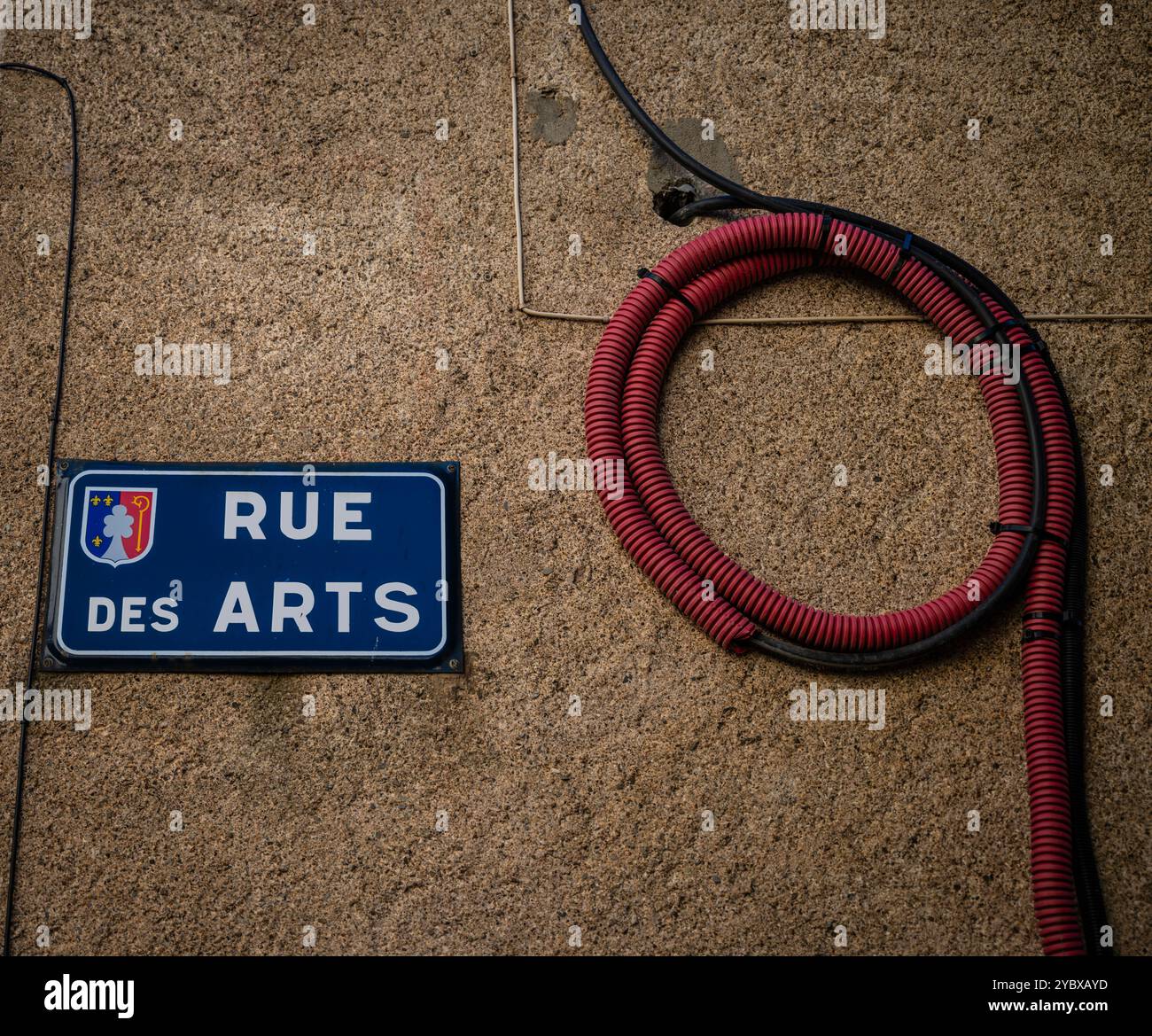 Rue des arts street sign, Montolieu, Aude Department, Occitania, France. Stock Photo