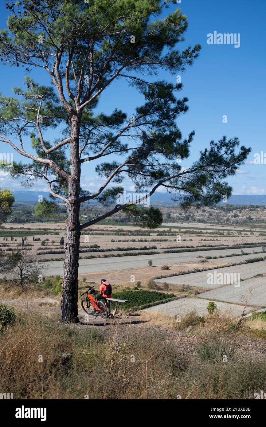 Cyclist resting at a viewpoint overlooking the  Etang de Montady, an unusual division of land that makes a striking pattern, Colombiers, France Stock Photo