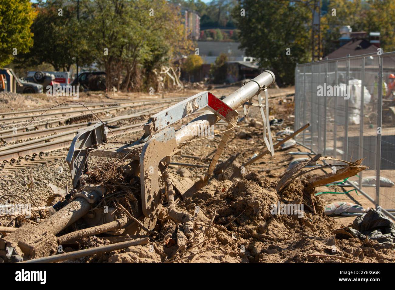 Biltmore Village, United States. 14 April, 2022. Workers begin removing debris from floods at the hard-hit downtown area of Biltmore Village in the aftermath of Hurricane Helene, October 17, 2024 in Asheville, North Carolina.  Credit: Dylan Burnell/USACE Photo/Alamy Live News Stock Photo