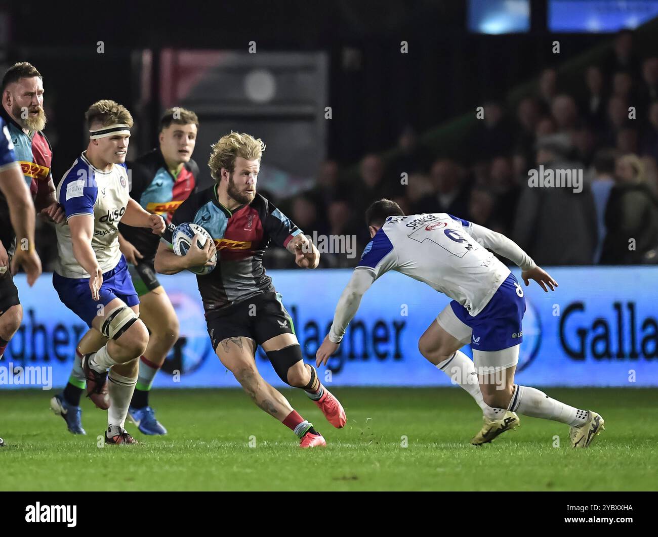 Tyrone Green of Harlequins in action during the Gallagher Premiership match between Harlequins v Bath Rugby, The Stoop, Twickenham, London UK on Saturday 19th 2024. Photo by Gary Mitchell Stock Photo