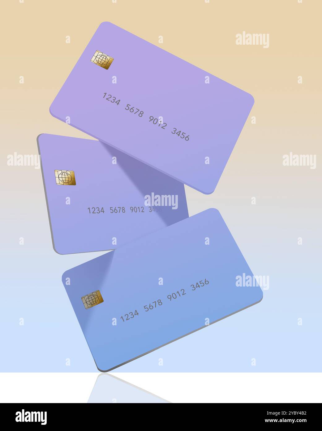 Three generic mock credit cards with text area are seen isolated on a ...