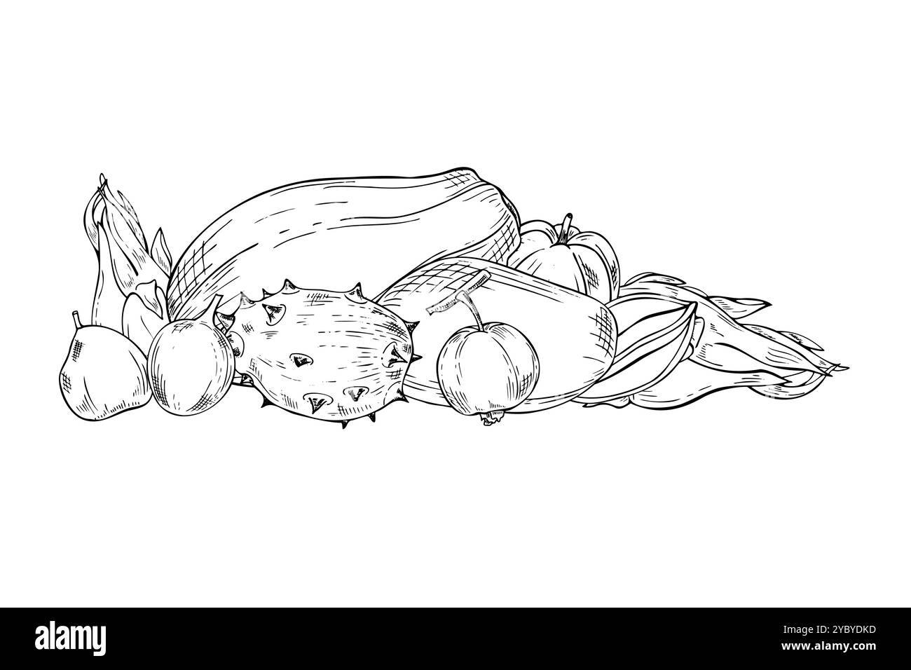 Tasty exotic tropical fruit mix hand drawn black and white vector illustration. Whole Papaya, kiwano, maracuja , guava, Pitahaya and mango fruits Stock Vector