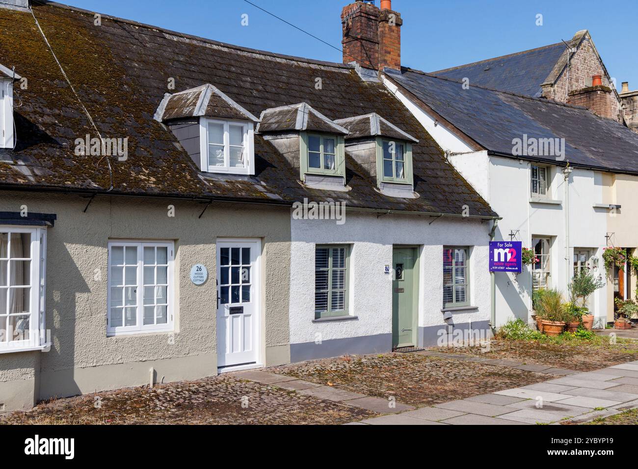 Terraced huoses with one for sale, Usk, Monmouthshire, Wales, UK Stock Photo